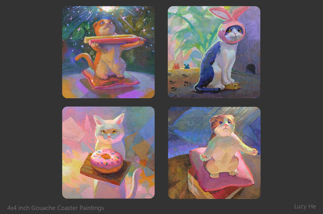 Cat Gouache Coaster Paintings Cat Gouache Coaster Paintings