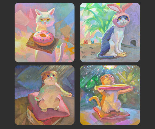 Cat Gouache Coaster Paintings